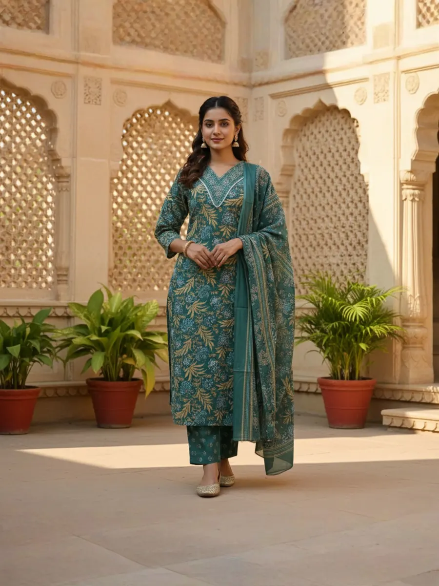 ZIVA Emerald Botanical Straight Suit Set